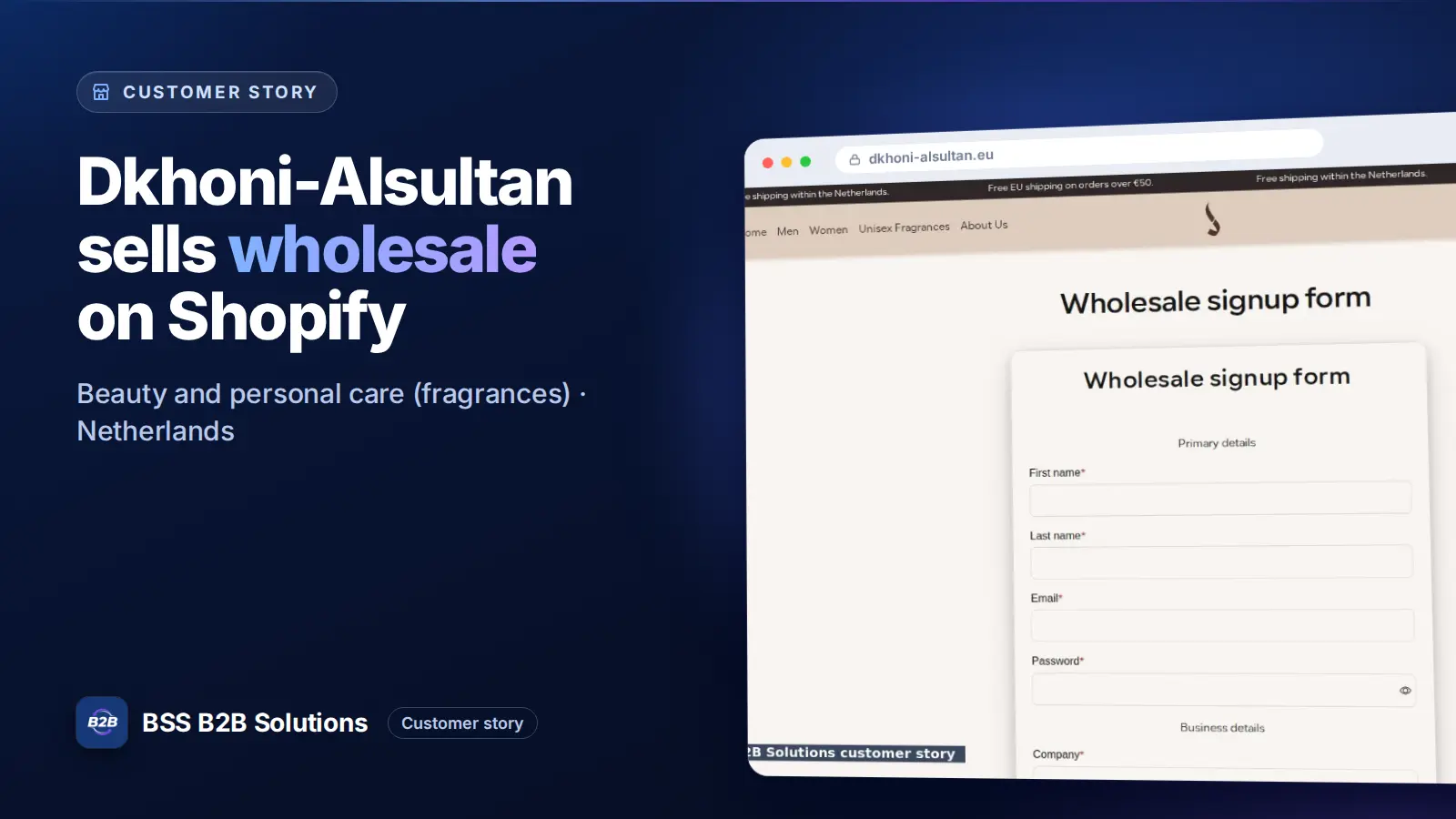 Browser window showing the merchant storefront, Dkhoni-Alsultan sells wholesale on Shopify. Cover for: Dkhoni-Alsultan: How a Dutch Perfume Distributor Onboards Retailers on Shopify