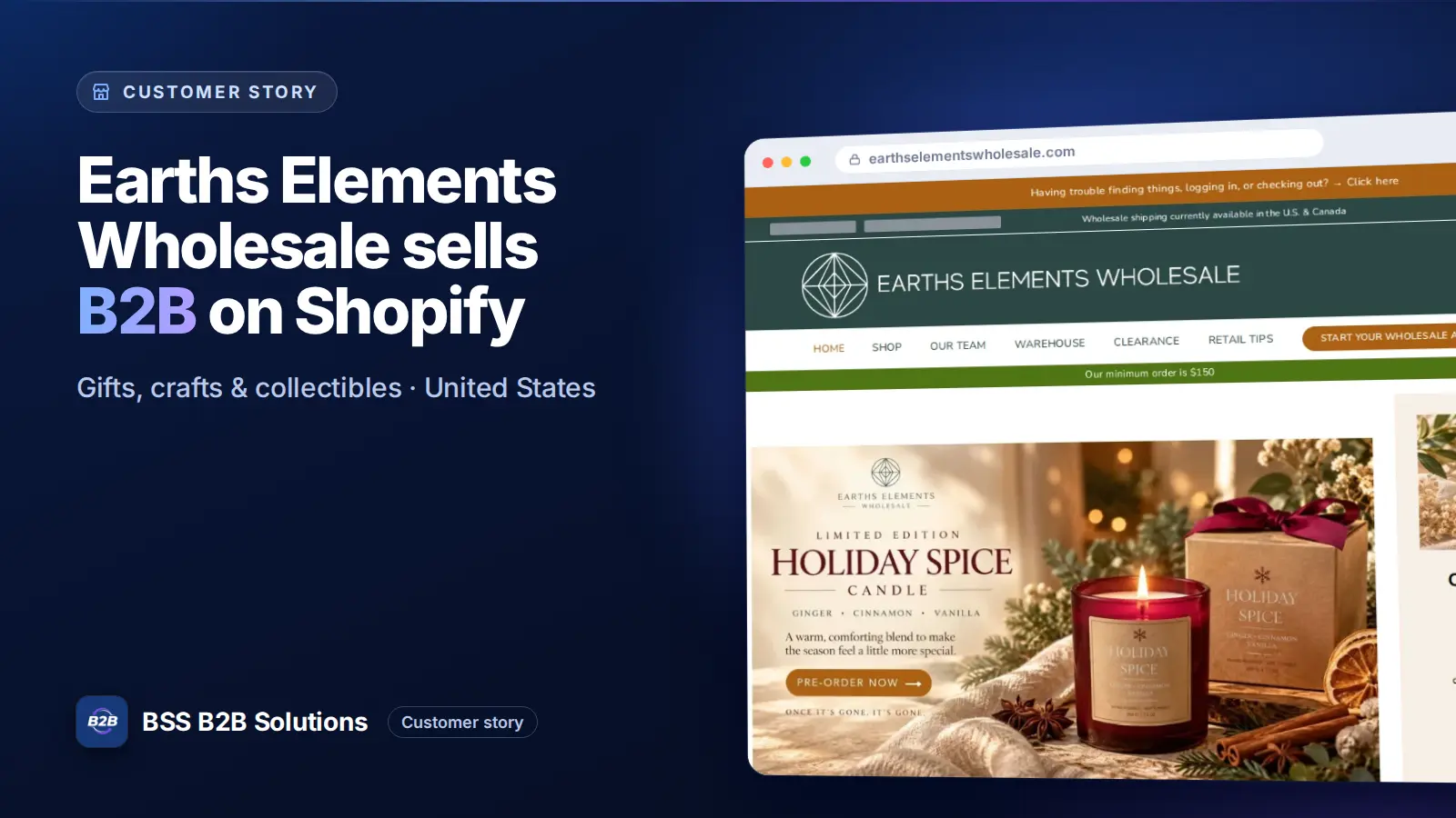 Browser window showing the merchant storefront, Earths Elements Wholesale sells B2B on Shopify. Cover for: Earths Elements: How a US Crystal Supplier Runs a Wholesale-Only Shopify Store