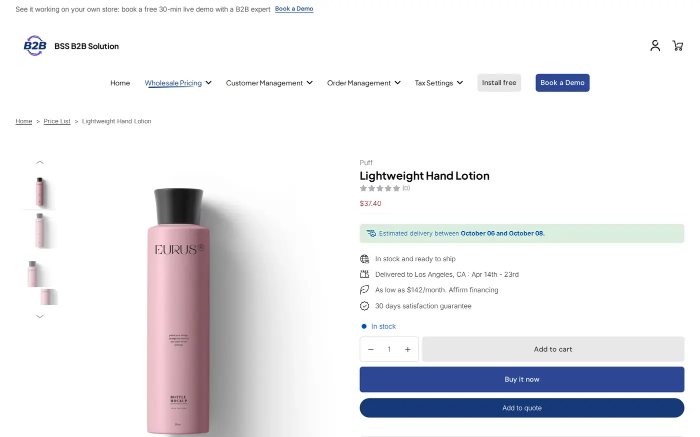 The same demo product page as a guest sees it, with the retail price only
