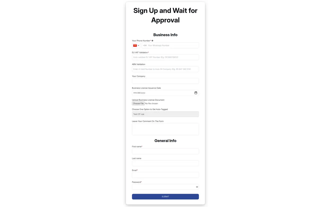 Wholesale registration form titled Sign Up and Wait for Approval on a demo storefront