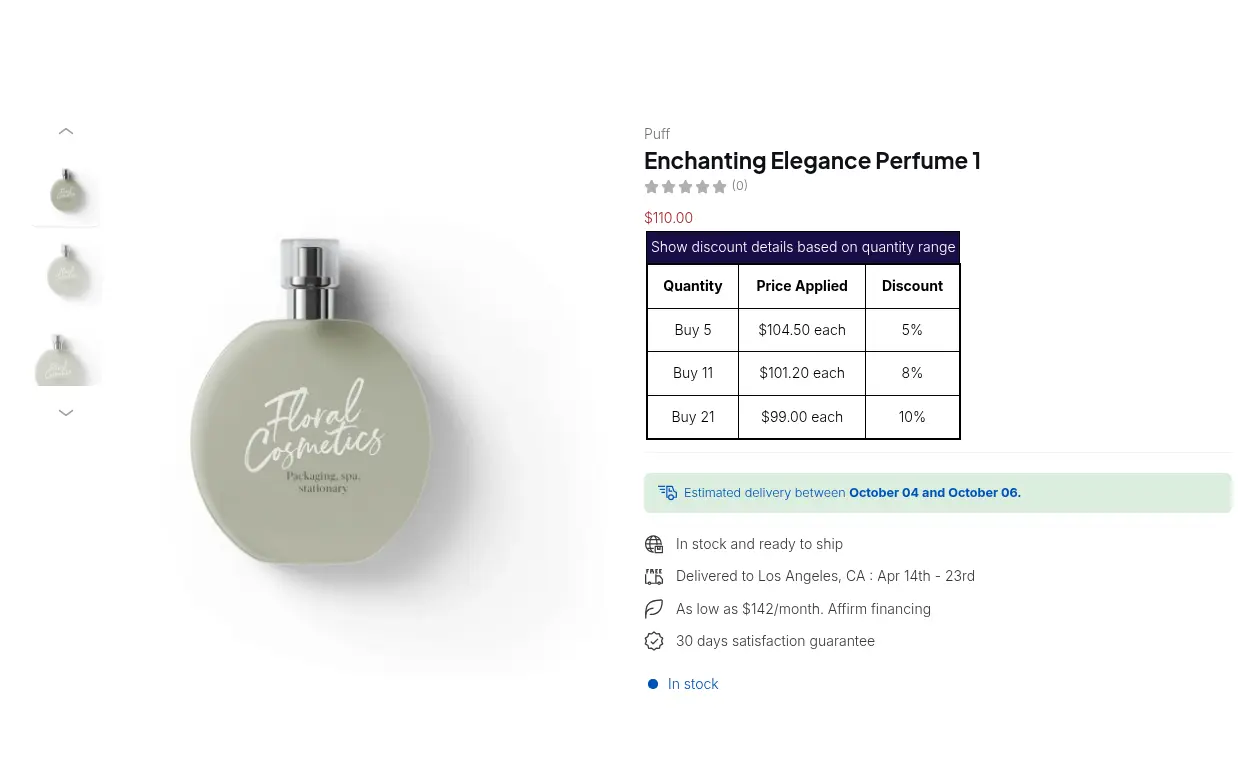 Demo storefront product page with a table of quantity breaks: buy 5 for 5 percent off, buy 11 for 8 percent off and buy 21 for 10 percent off