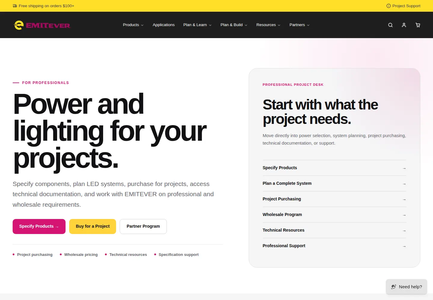 Emitever Power and lighting for your projects page with Specify Products, Buy for a Project and Partner Program buttons and a professional project desk menu