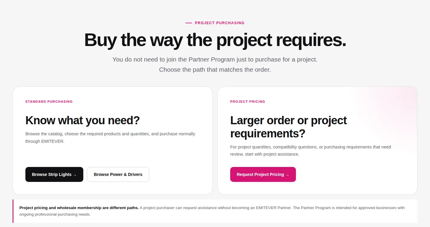 Emitever Buy the way the project requires section with Standard purchasing and Project pricing cards and a note that project pricing and wholesale membership are different paths