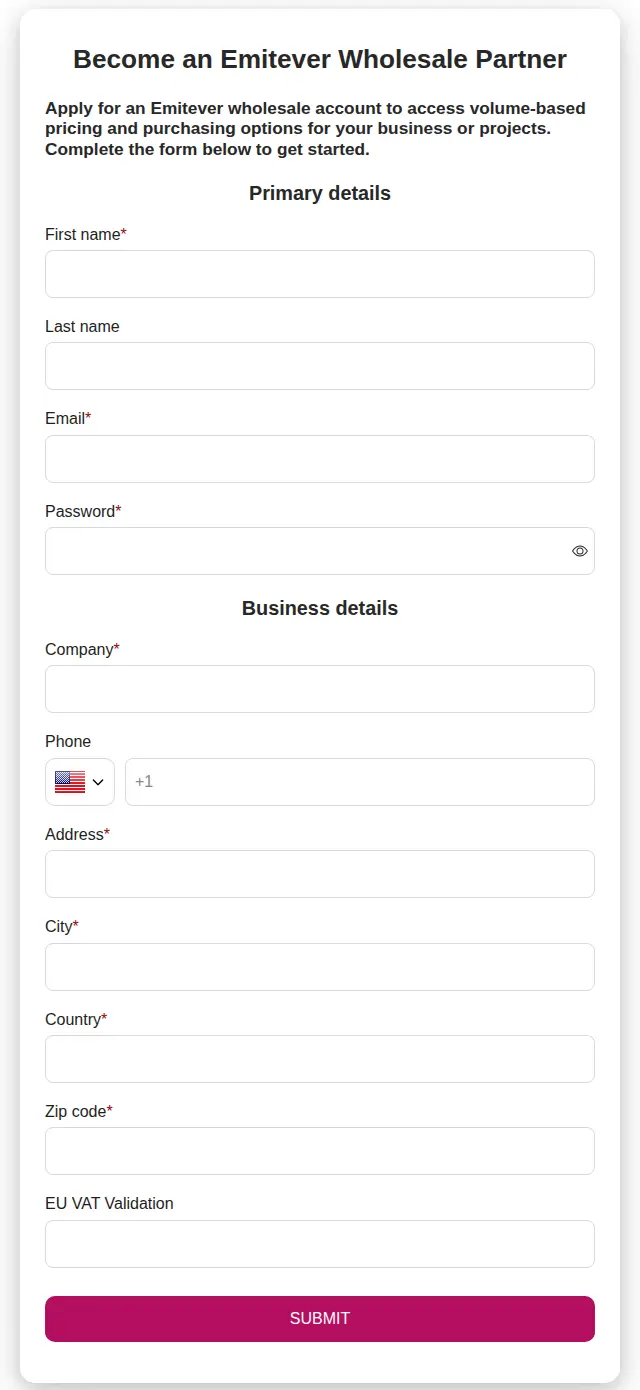 Emitever Become an Emitever Wholesale Partner form with name, email, password, company, phone, address, country, zip code and EU VAT validation fields