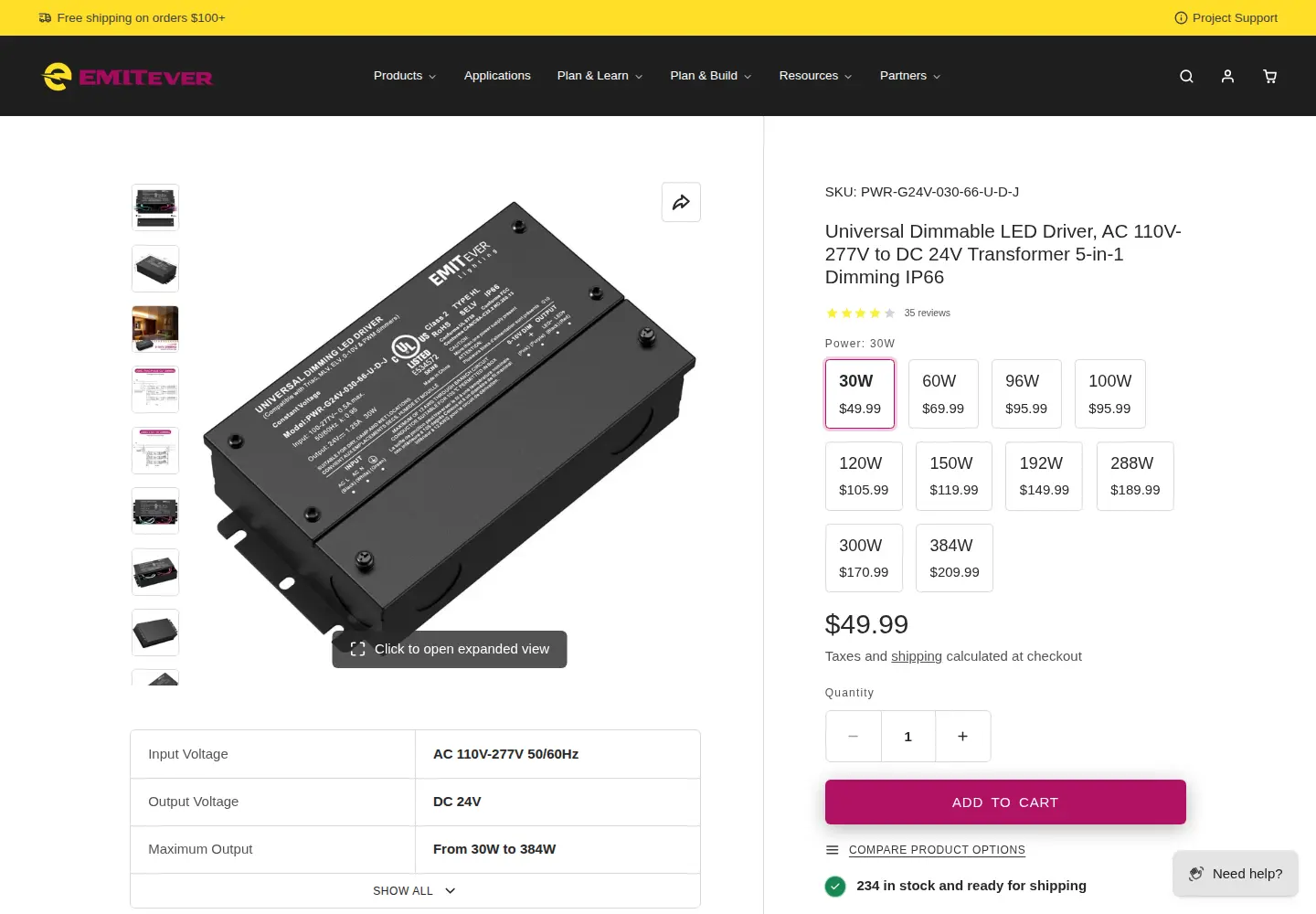 Emitever product page for a dimmable LED driver with power options from 30W to 384W, public prices, quantity selector and Add to cart