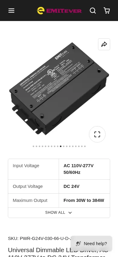 Emitever product page on a phone showing the product image, a specification table and the SKU