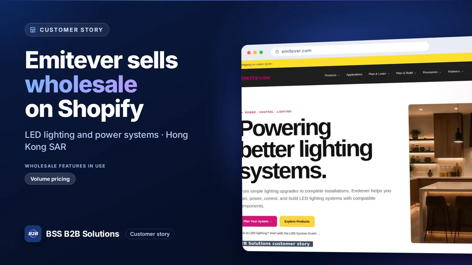 Browser window showing the merchant storefront, Emitever sells wholesale on Shopify. Cover for: Emitever: How an LED Lighting Brand Runs a Partner Program on Shopify