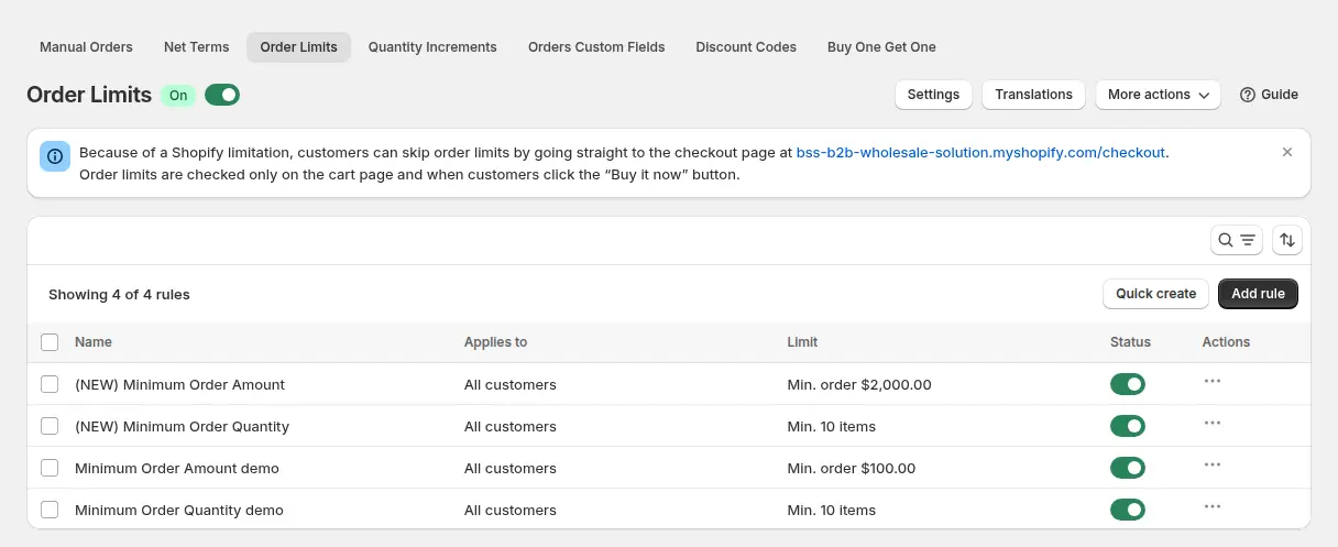 Order Limits page in the BSS B2B Solution admin with the module on and four rules, such as a minimum order amount and a minimum order quantity of 10 items