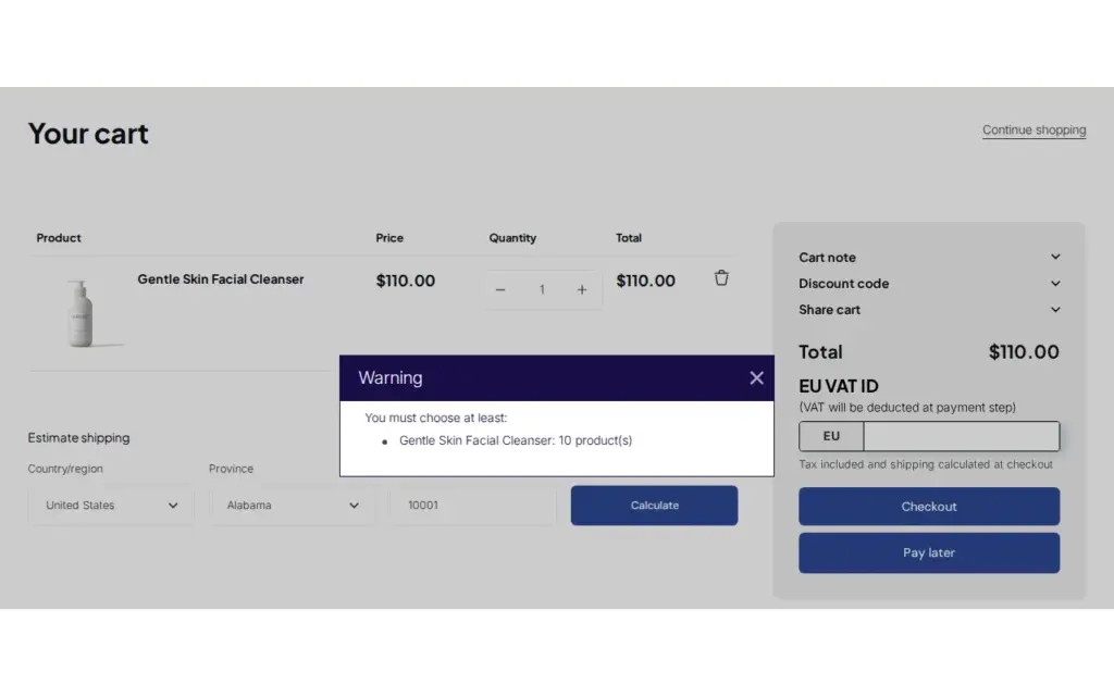 Demo storefront cart with a Warning pop-up that says the customer must choose at least 10 products of a facial cleanser before checking out