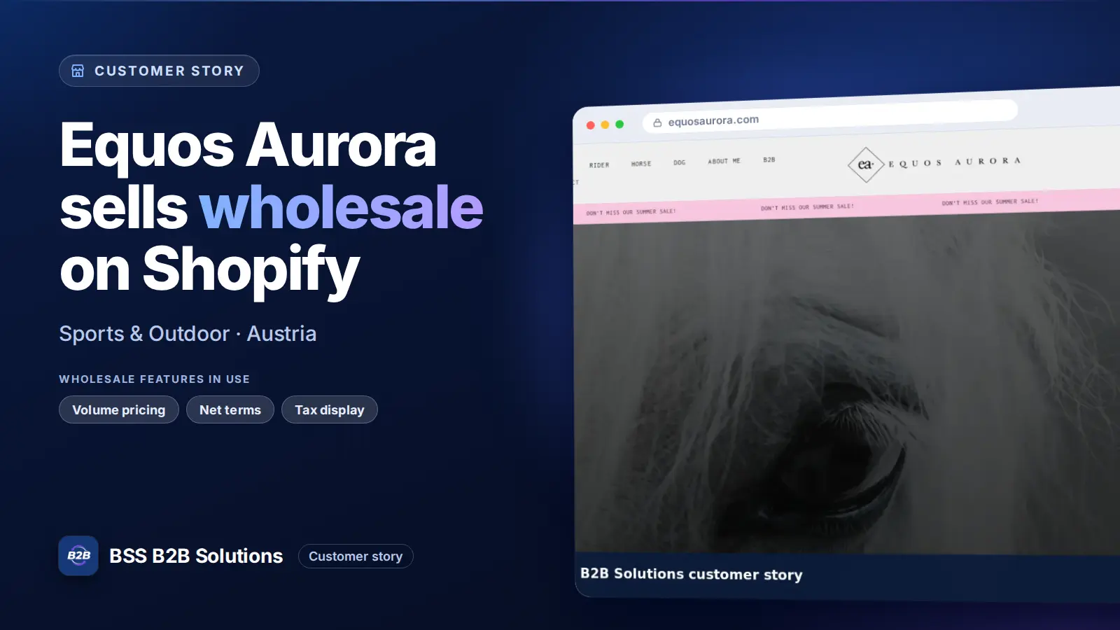 Browser window showing the merchant storefront, Equos Aurora sells wholesale on Shopify. Cover for: Equos Aurora: A Curated Reseller Program for an Austrian Equestrian Brand
