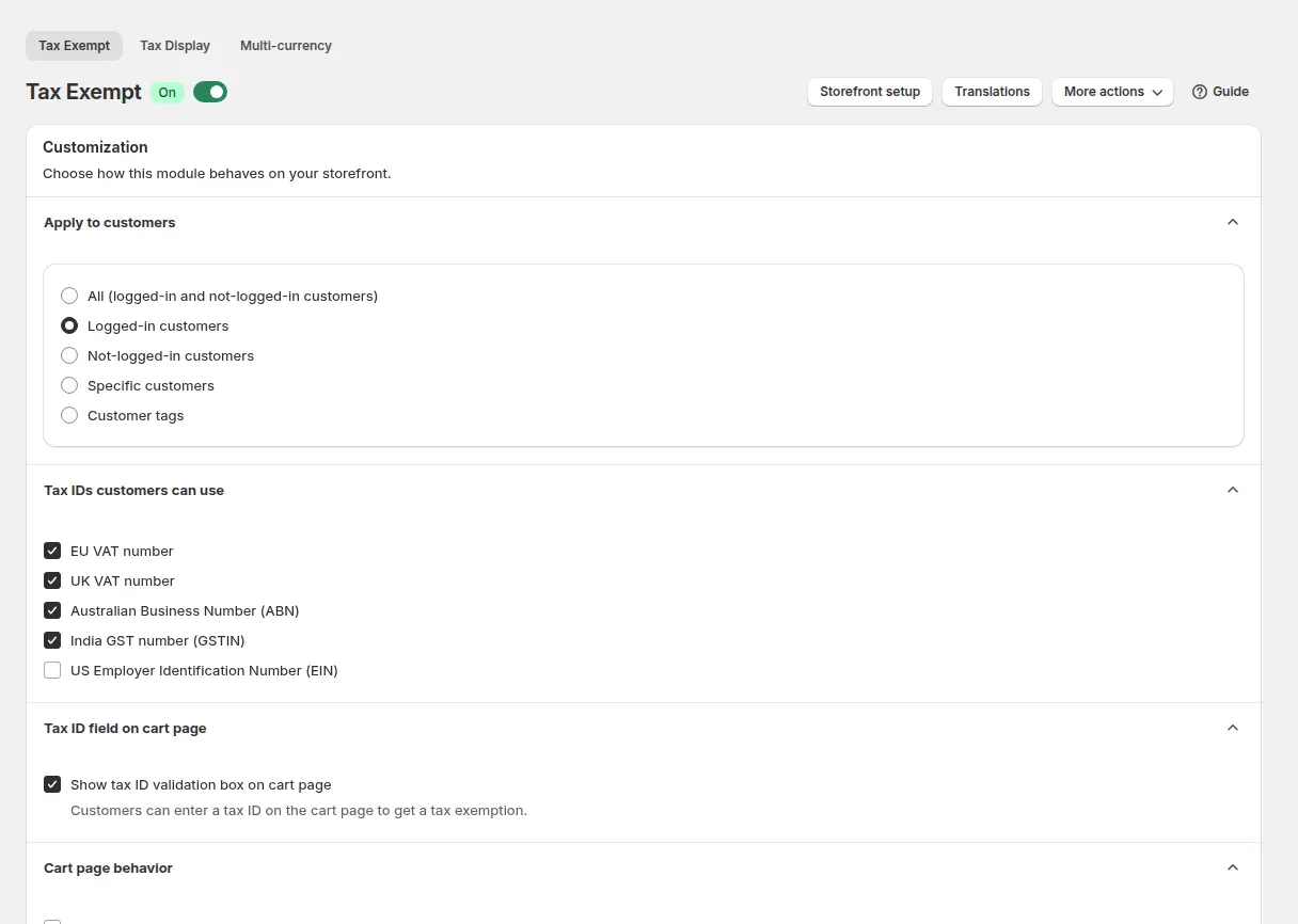 Tax Exempt page in the BSS B2B Solution admin with the module on and cards for who sees the box, the tax IDs customers can use and the tax ID field on the cart page