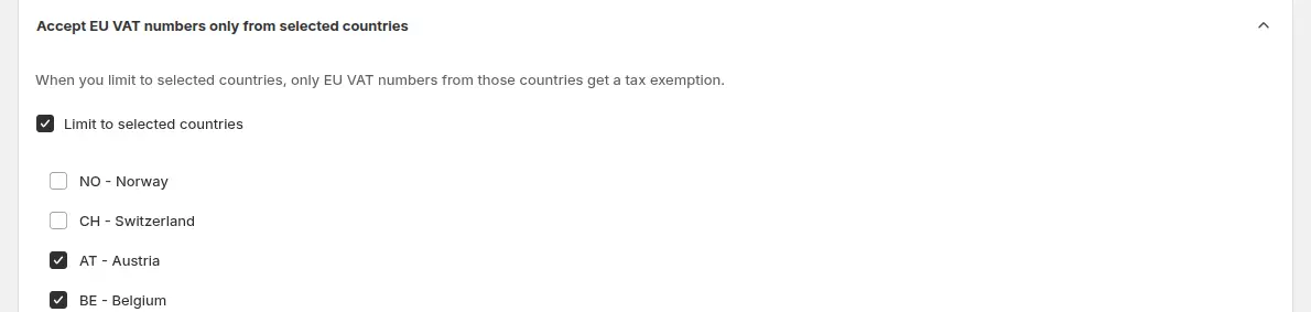 Advanced card option to accept EU VAT numbers only from selected countries, with Norway and Switzerland unticked and Austria and Belgium ticked