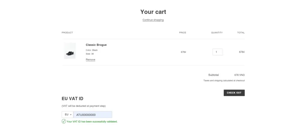 Demo storefront cart with an EU VAT ID entered and the message Your VAT ID has been successfully validated