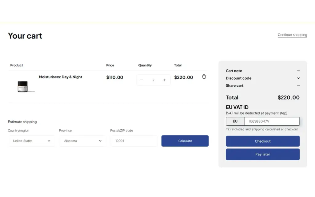 Demo storefront cart page with an EU VAT ID box above the Checkout and Pay later buttons, filled with a test number