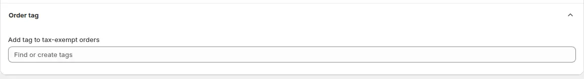 Order tag section of the Tax Exempt module where you add a tag to tax-exempt orders
