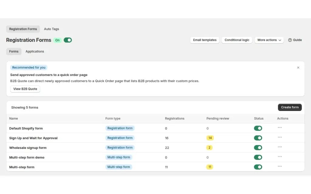 Registration Forms page in the BSS B2B Solution admin with a list of wholesale forms, registration counts and applications pending review