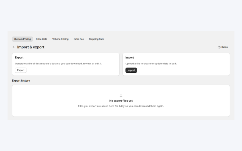 The Import and export page with Export and Import cards and the export history