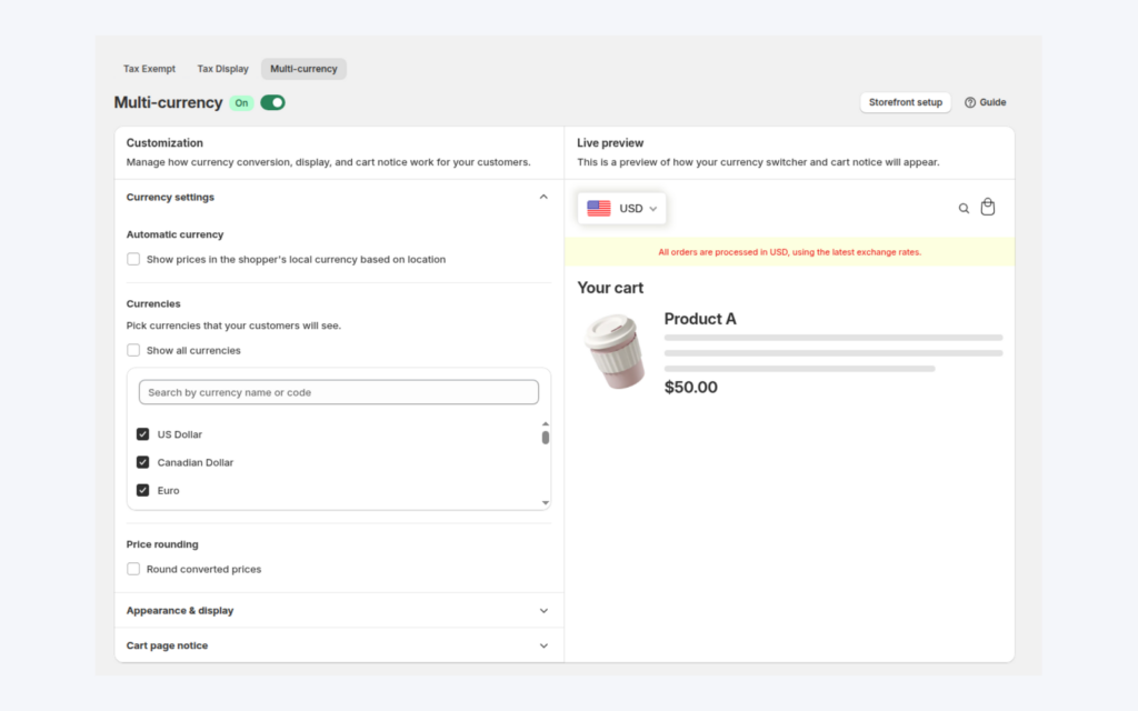 The Multi-currency page with currency settings, price rounding and a live preview