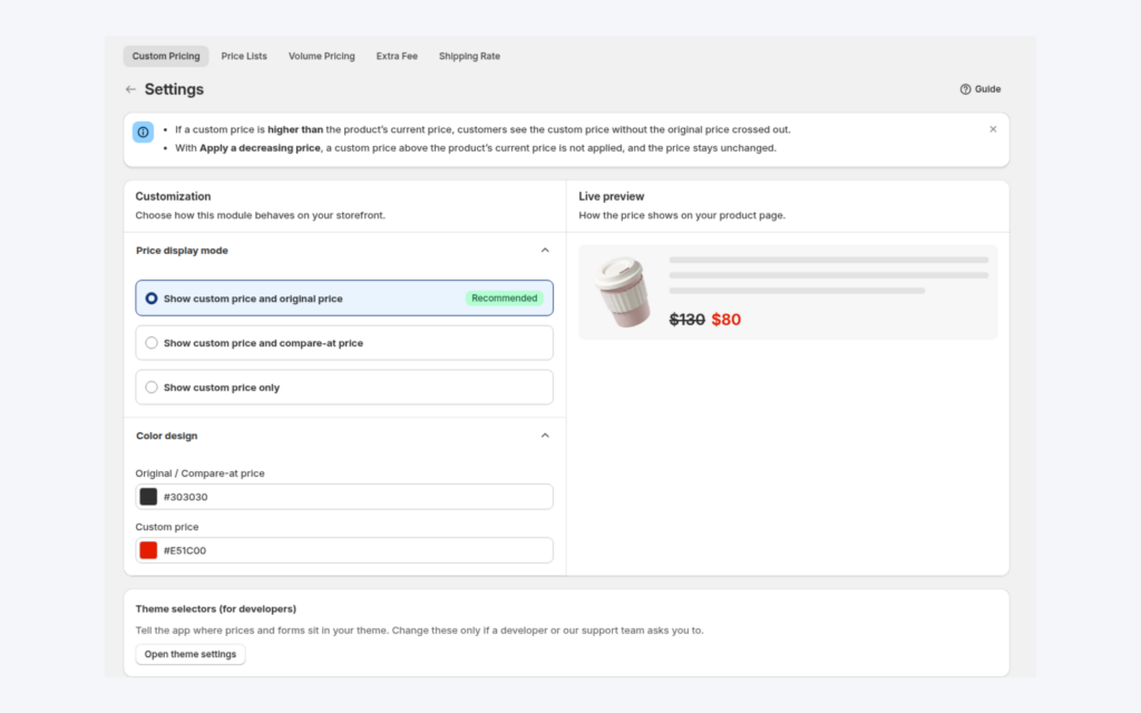 Custom Pricing Settings with the price display mode, color design and live preview