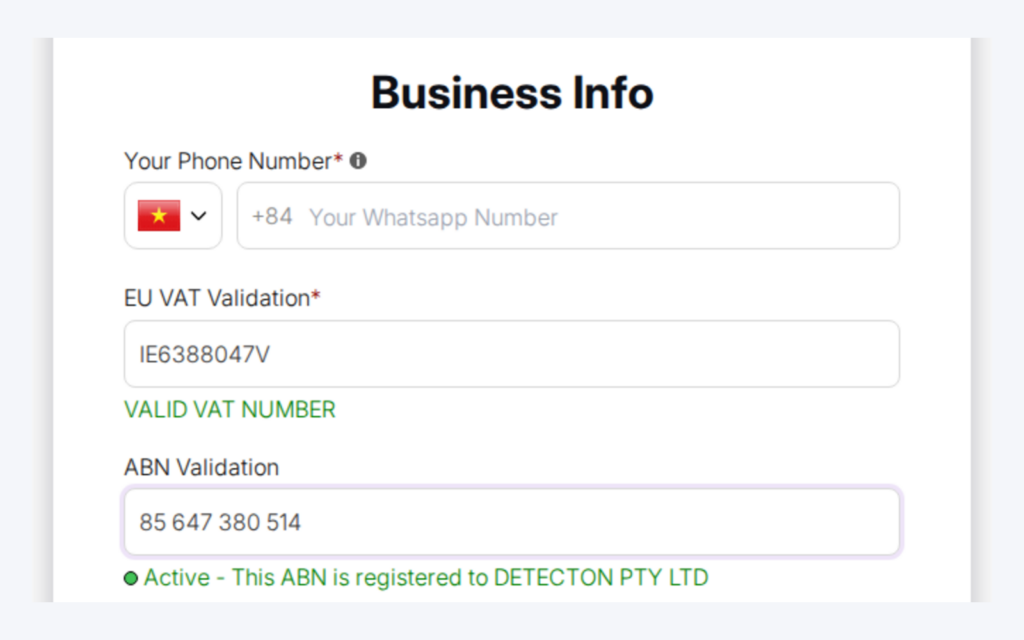 The registration form showing a valid EU VAT number message and an active ABN message