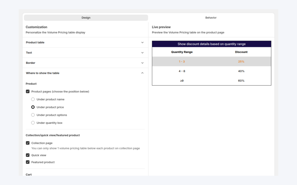 Where to show the table: product page position, collection page, quick view, featured product, cart and mini cart