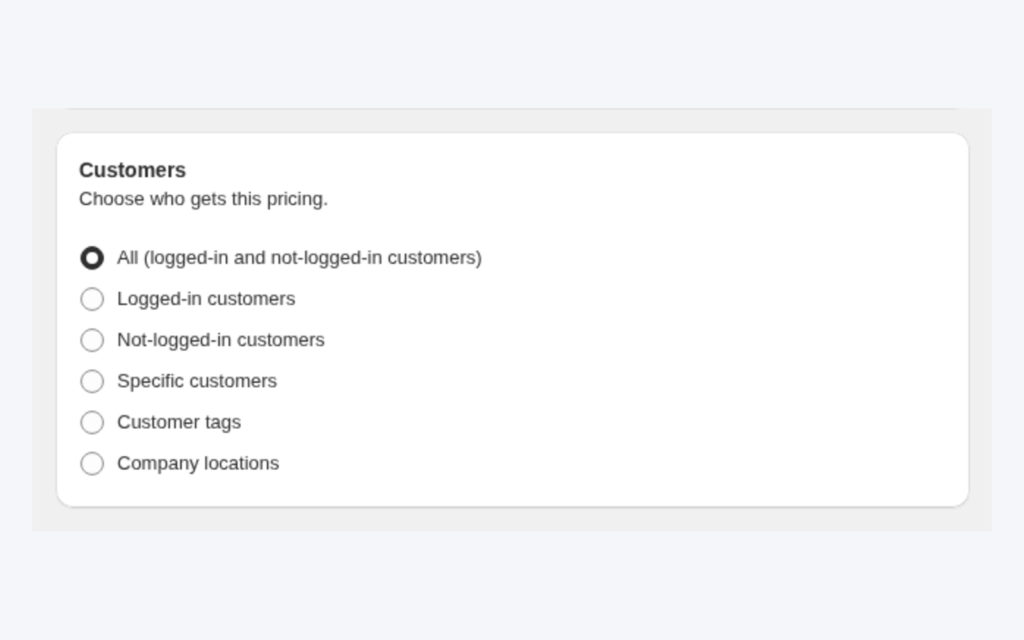 The Customers card of a Custom Pricing rule with the Customer tags option