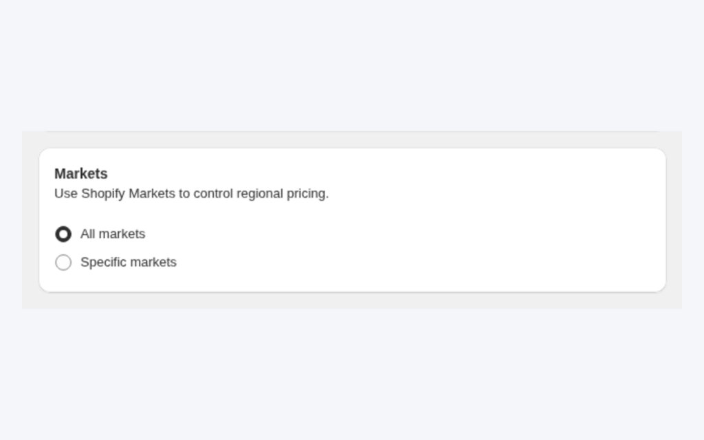 The Markets card of a Custom Pricing rule with All markets and Specific markets