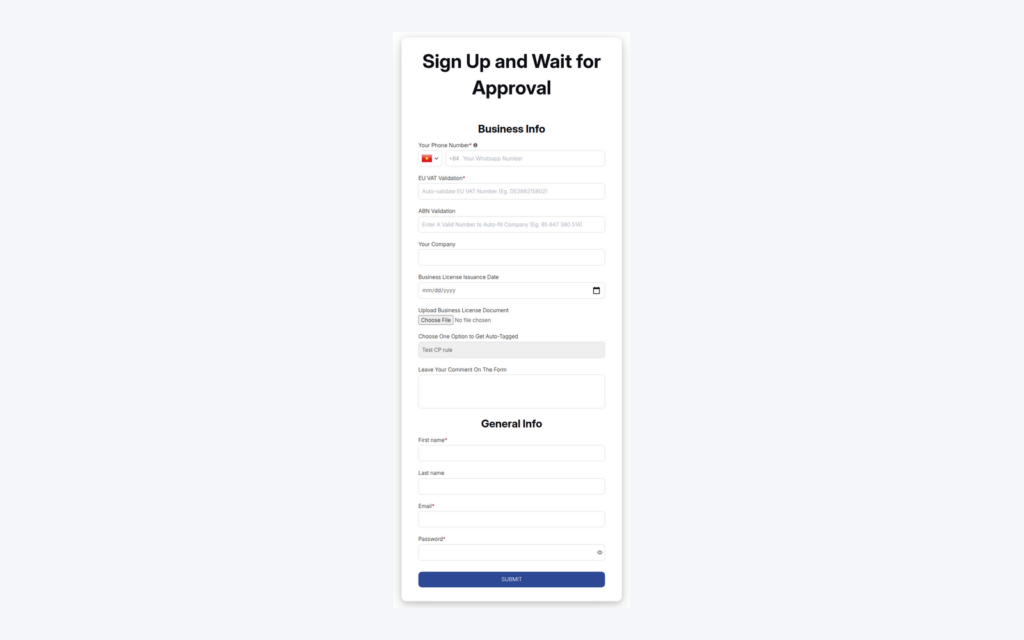The wholesale registration form on the storefront with business info and general info sections
