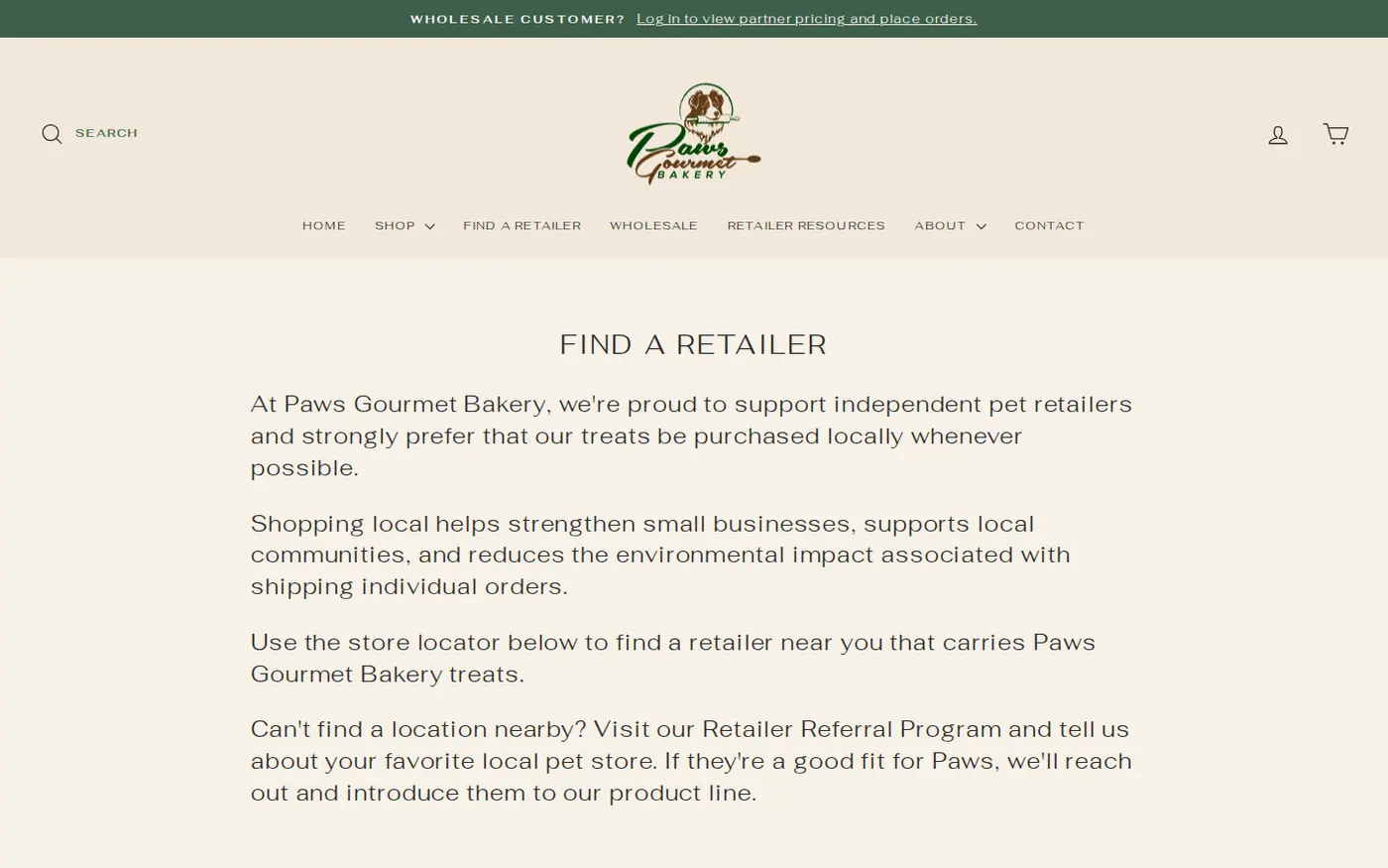 Paws Gourmet Bakery Find a Retailer page that sends shoppers to local independent pet stores