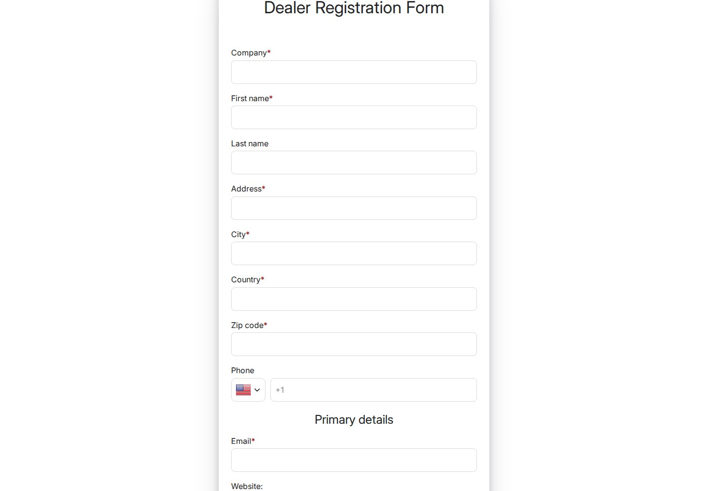 Flying Fisherman Dealer Registration Form fields for company, name, address and phone