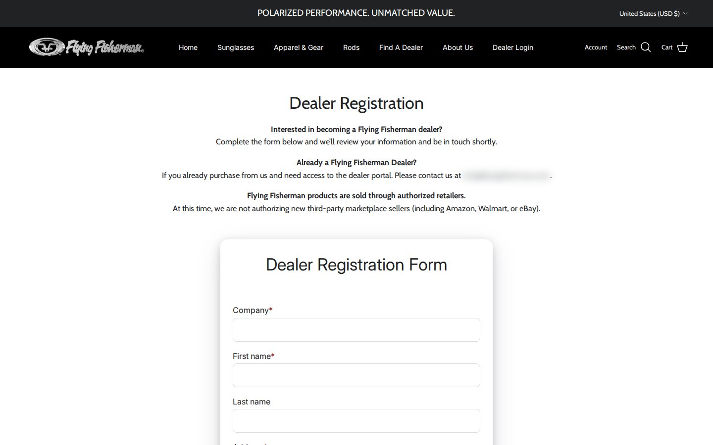 Flying Fisherman Dealer Registration page with copy about authorized retailers and the start of the form