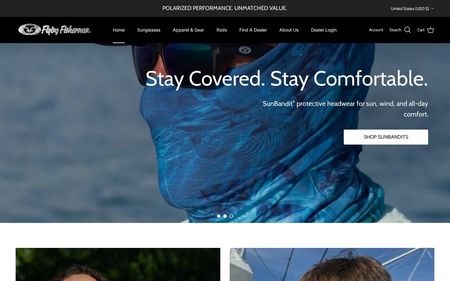 Flying Fisherman home page with a Dealer Login link in the main navigation and a SunBandit banner