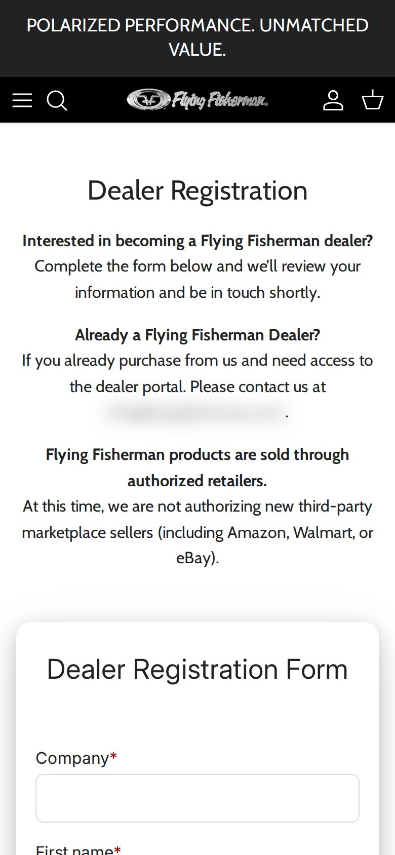 Flying Fisherman Dealer Registration page on a phone