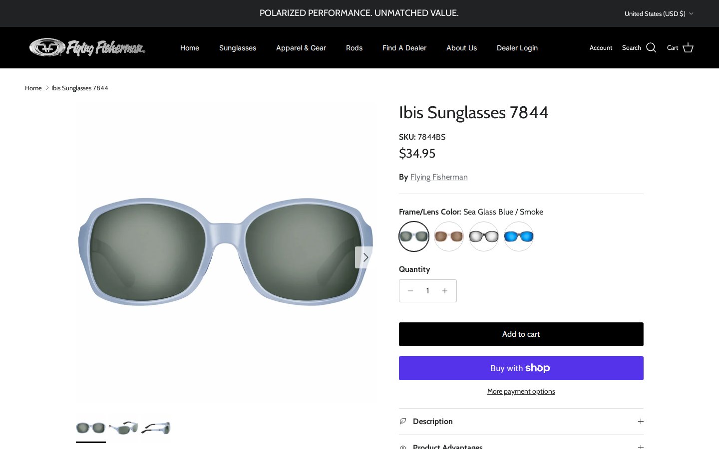 Flying Fisherman product page for Ibis Sunglasses with a retail price, color swatches and Add to cart