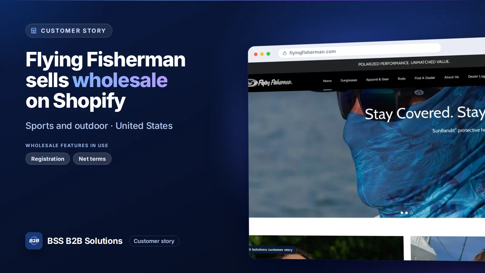 Browser window showing the merchant storefront, Flying Fisherman sells wholesale on Shopify. Cover for: Flying Fisherman: How a US Sunglasses Brand Runs a Dealer Program on Shopify
