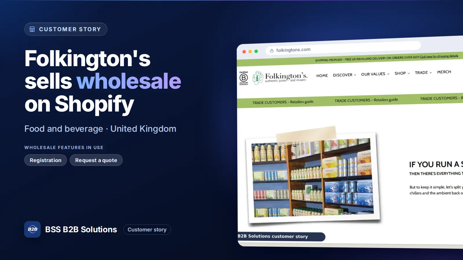 Browser window showing the merchant storefront, Folkington's sells wholesale on Shopify. Cover for: Folkington’s: How a UK Juice and Mixer Brand Adds a Trade Section on Shopify