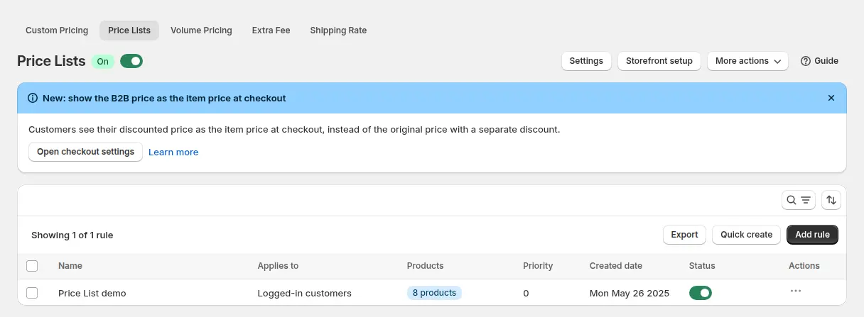 Price Lists page in the BSS B2B Solution admin with the module on and one rule for logged-in customers