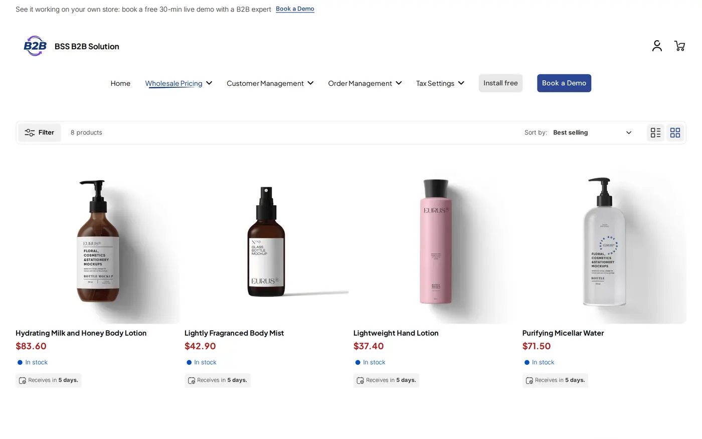 The same demo storefront collection as a guest sees it, with retail prices only