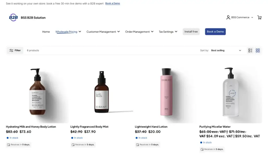 Demo storefront collection for a logged-in buyer with a Price List, where discounted products show the retail price struck through next to the customer price
