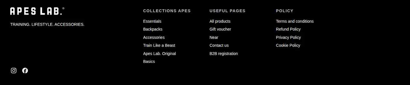 Apes Lab footer with collections, useful pages including B2B registration, and policy links