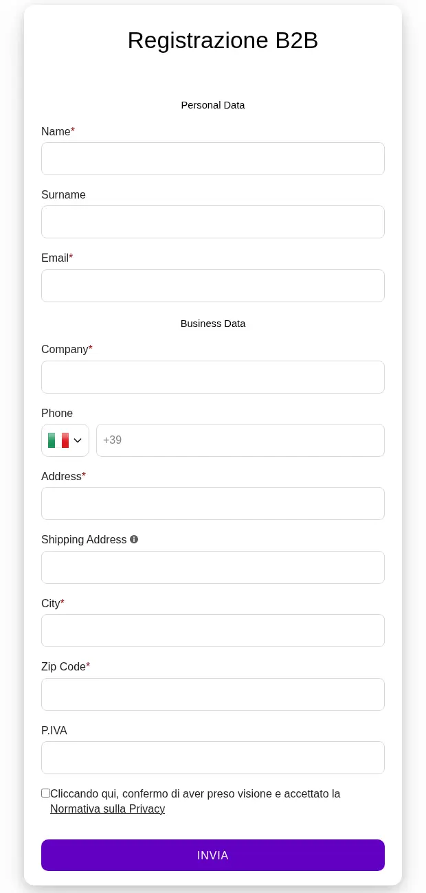 INFLUENCER B2B registration form with personal data, business data, shipping address and VAT number fields