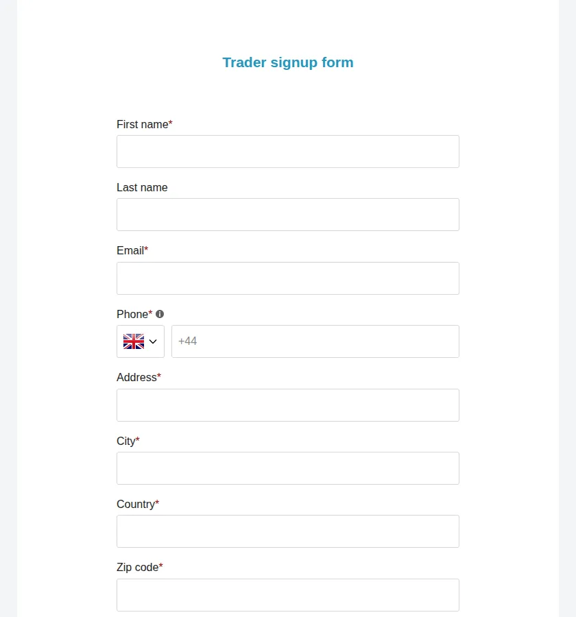 Bathroom4Less trader signup form with name, email, phone with country code and address fields