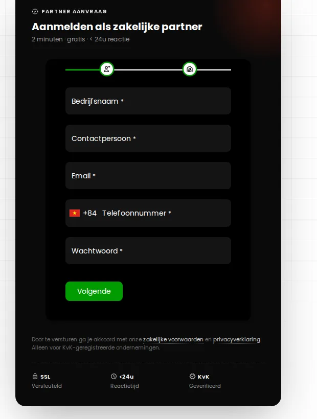AE-trading partner application form with company name, contact person, email, phone and password fields