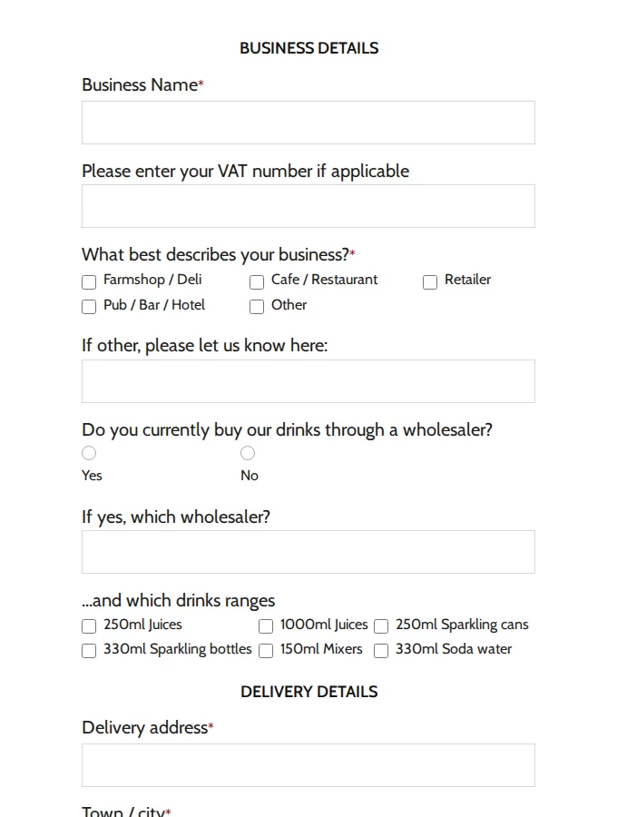 Folkington's trade registration form with business name, business type and wholesaler questions