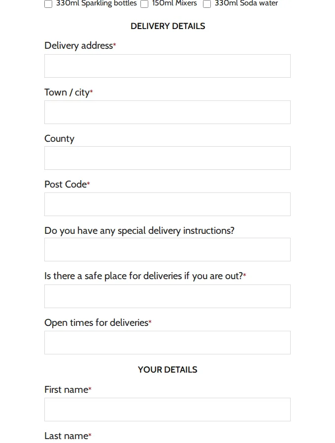 Folkington's trade registration form with delivery address and delivery instruction fields