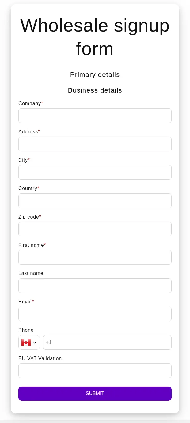 Distinctive Distribution wholesale signup form with company, address, contact and VAT validation fields