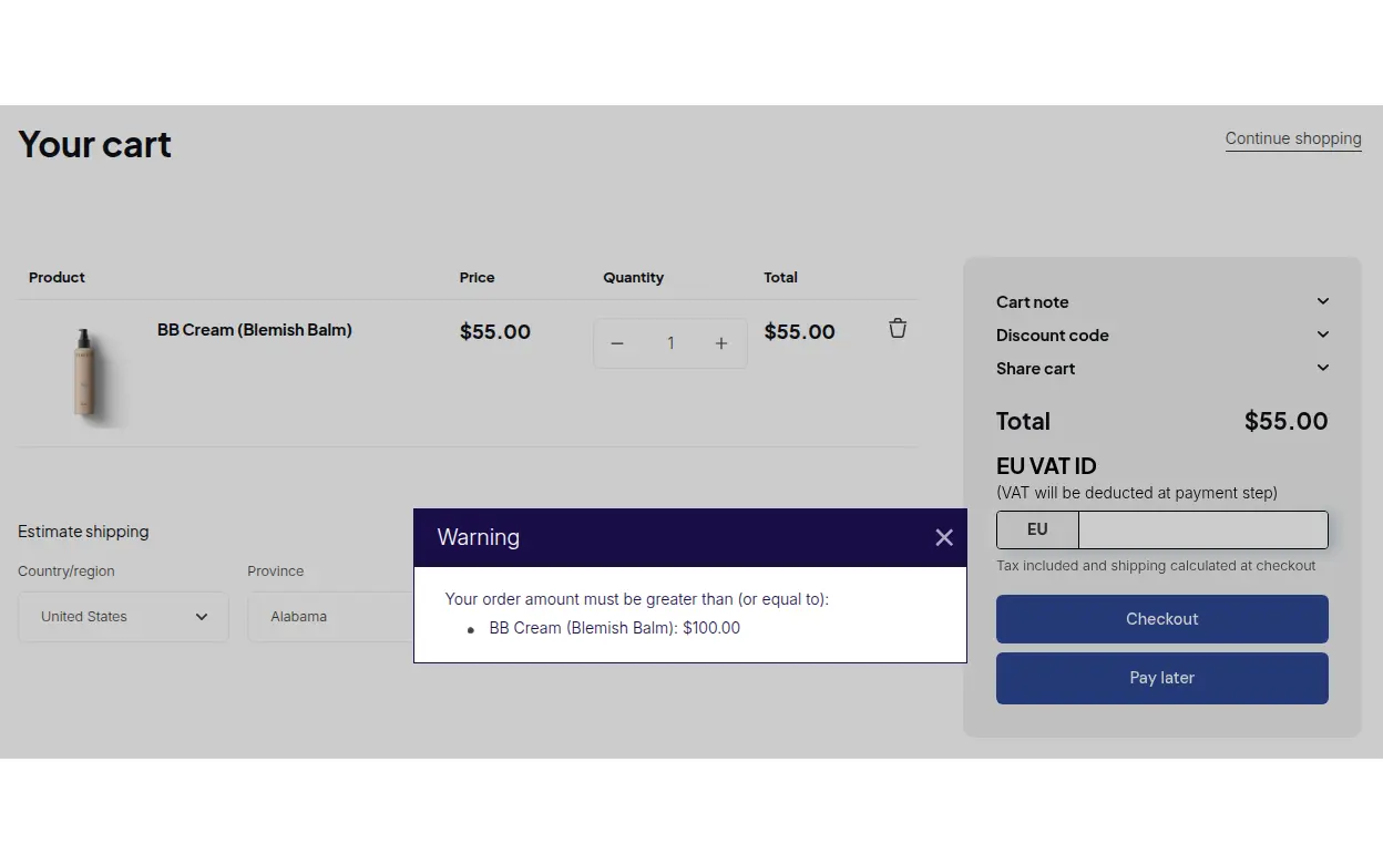 Demo storefront cart with a Warning pop-up that says the order amount must be greater than or equal to a minimum