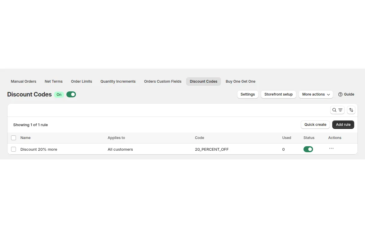Discount Codes page in the BSS B2B Solution admin with one rule for all customers and a code