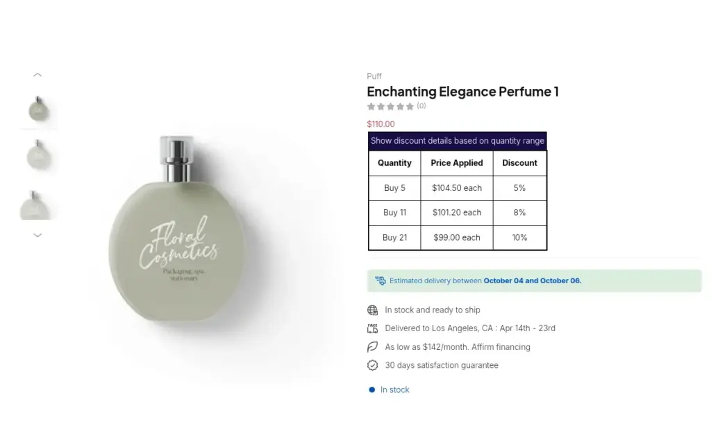 Demo storefront product page with a table of quantity breaks: buy 5 for 5 percent off, buy 11 for 8 percent off and buy 21 for 10 percent off