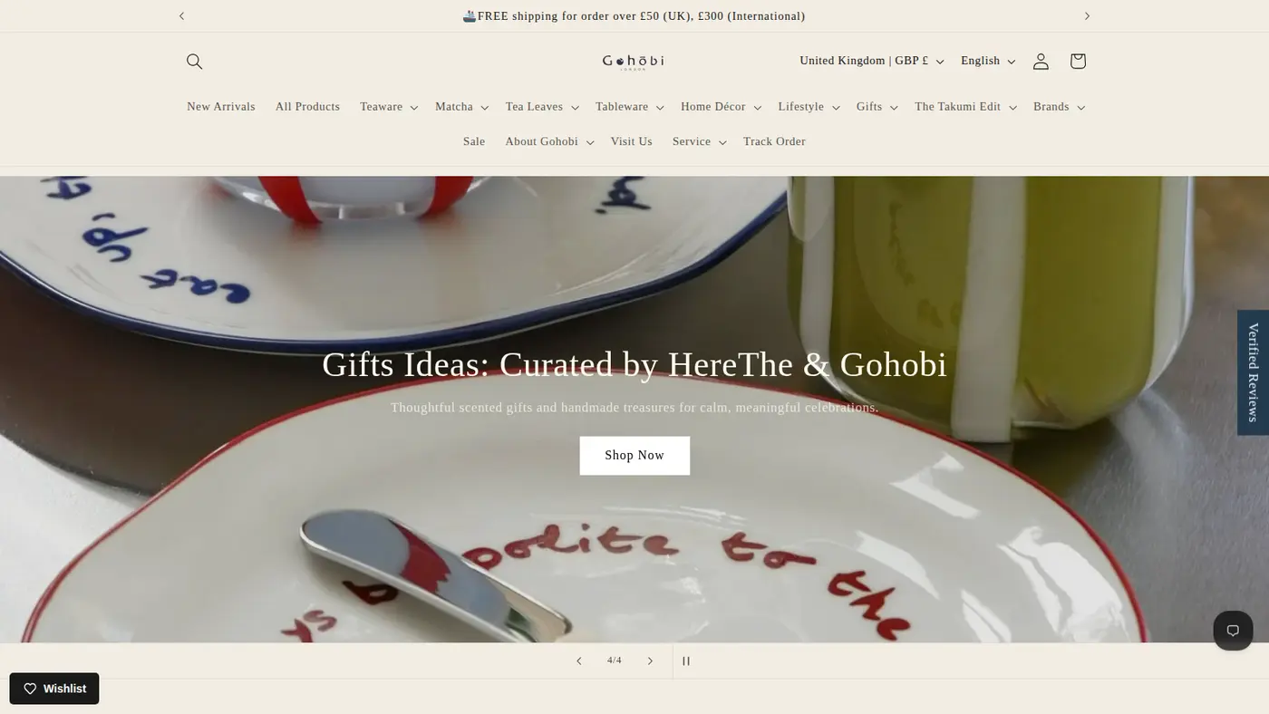 Gohobi homepage with navigation for teaware, matcha, tableware, home decor, lifestyle and gifts above a hero banner